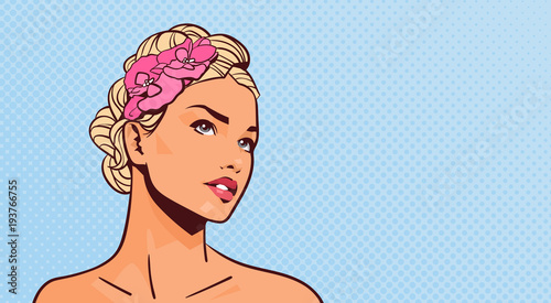 Attractive Blonde Woman Looking Up Portrait Of Beautiful Girl On Pinup Retro Background With Copy Space Vector Illustration