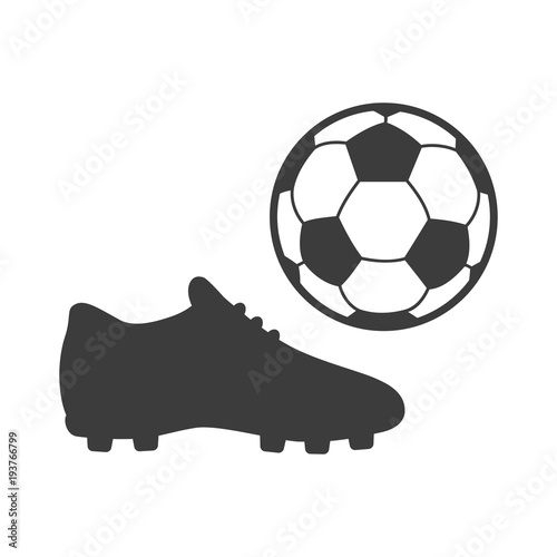 Soccer footwear and ball icon on white background. Bleck Vector illustration football boots.