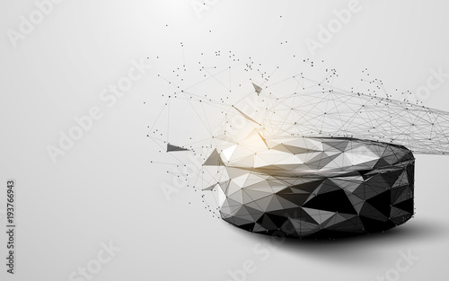 Abstract Hockey puck and stick form lines and triangles, point connecting network on blue background. Illustration vector