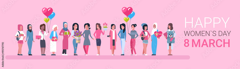 Happy Intenational Womens Day Horizontal Banner Group Of Diverse Girls Over  Pink Background Vector Illustration Stock Vector | Adobe Stock