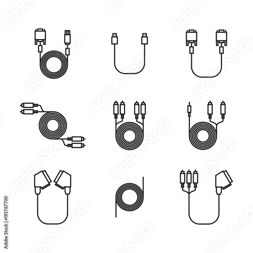 Icons of cord and cable with plugs of thin lines, vector illustration.