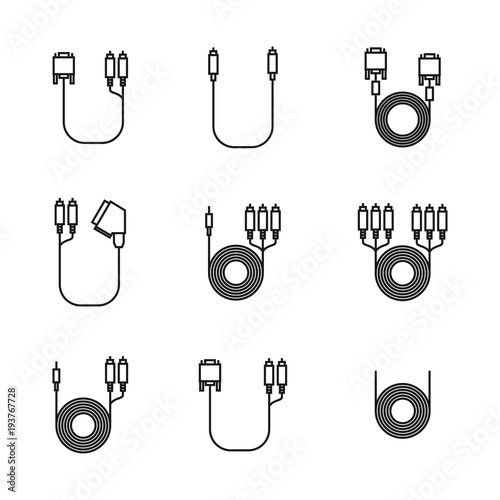 Icons of cord and cable with plugs of thin lines, vector illustration.