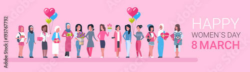 Happy Intenational Womens Day Horizontal Banner Group Of Diverse Girls Over Pink Background Vector Illustration