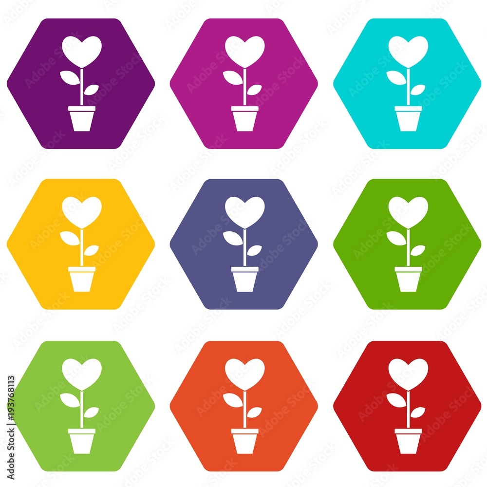 Heart flower in a pot icon set color hexahedron Heart flower in a pot icon set color hexahedron