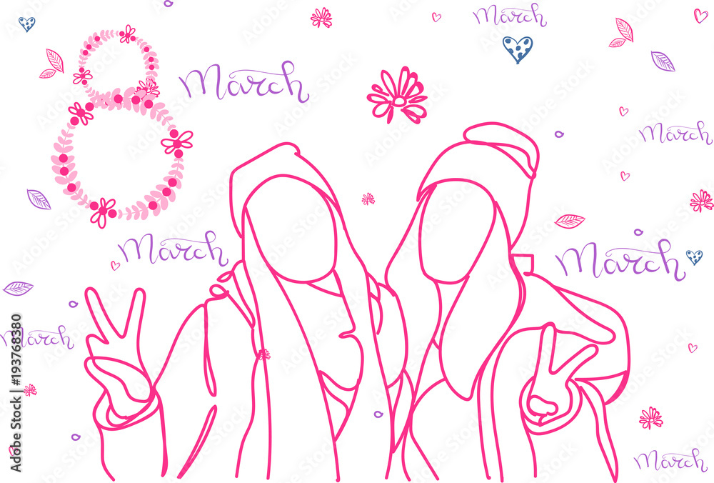 8 March Holiday Banner With Pink Silhouette Girls Embracing Doodle Vector Illustration