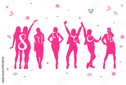 8 March Holiday Poster With Pink Cheerful Women Silhouette Happy Womens Day Concept Vector Illustration