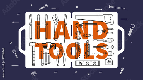 Hand tools kit vector illustration. Instruments for renovation and working line art concept. Portable box with hand tools for construction and repair linear (outline) graphic design.