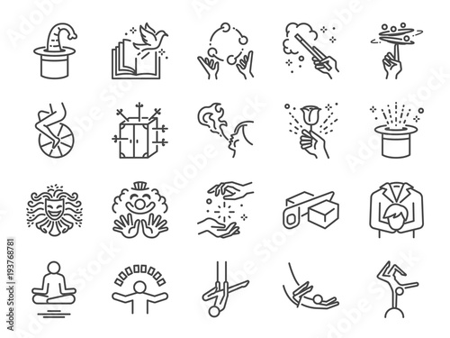Magic show line icon set. Included the icons as unicycle, magician, acrobatics, clown, magical wand, performance, juggling, exciting performing and more.