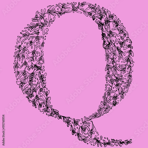 Flower type. Letter Q. Hand drawn letter. Floral font.