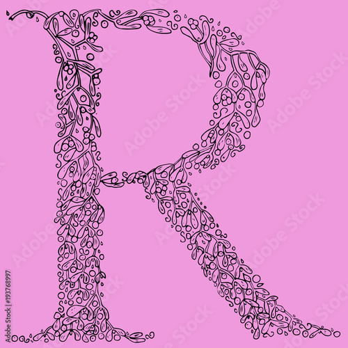 Flower type. Letter R. Hand drawn letter. Floral font.