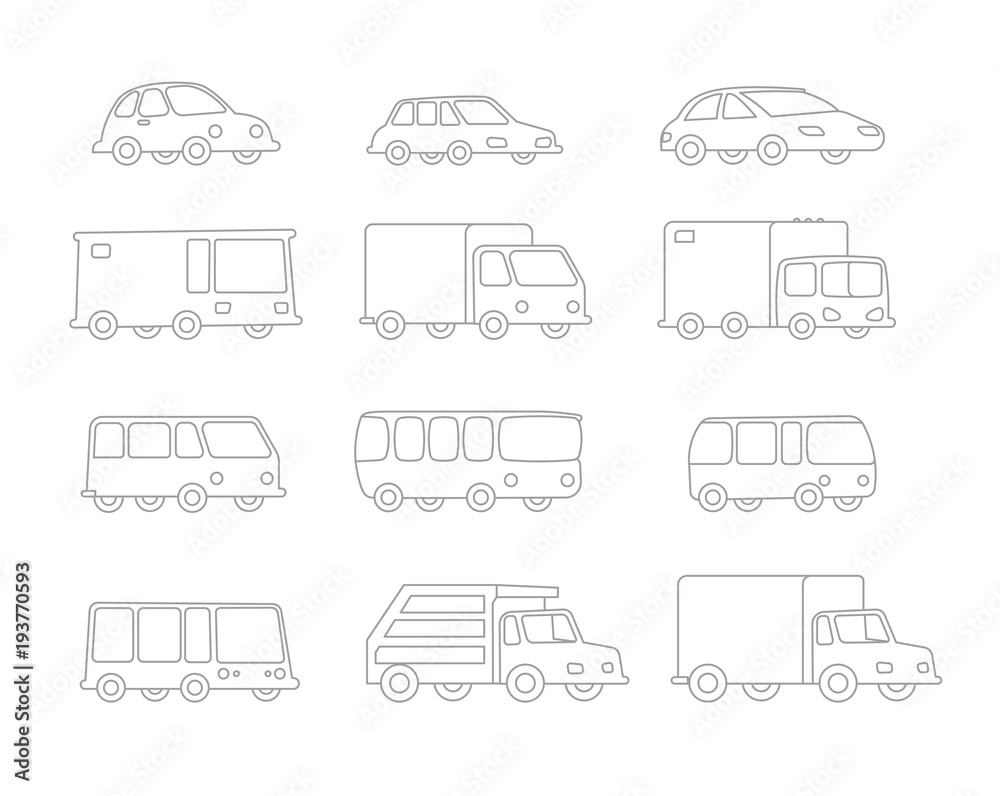 Set of Line drawing different cartoon transparent cars buses trucks. Flat outline contour vector stock illustration. Set of Line drawing different cartoon transparent cars buses trucks. Flat outline contour vector stock illustration.