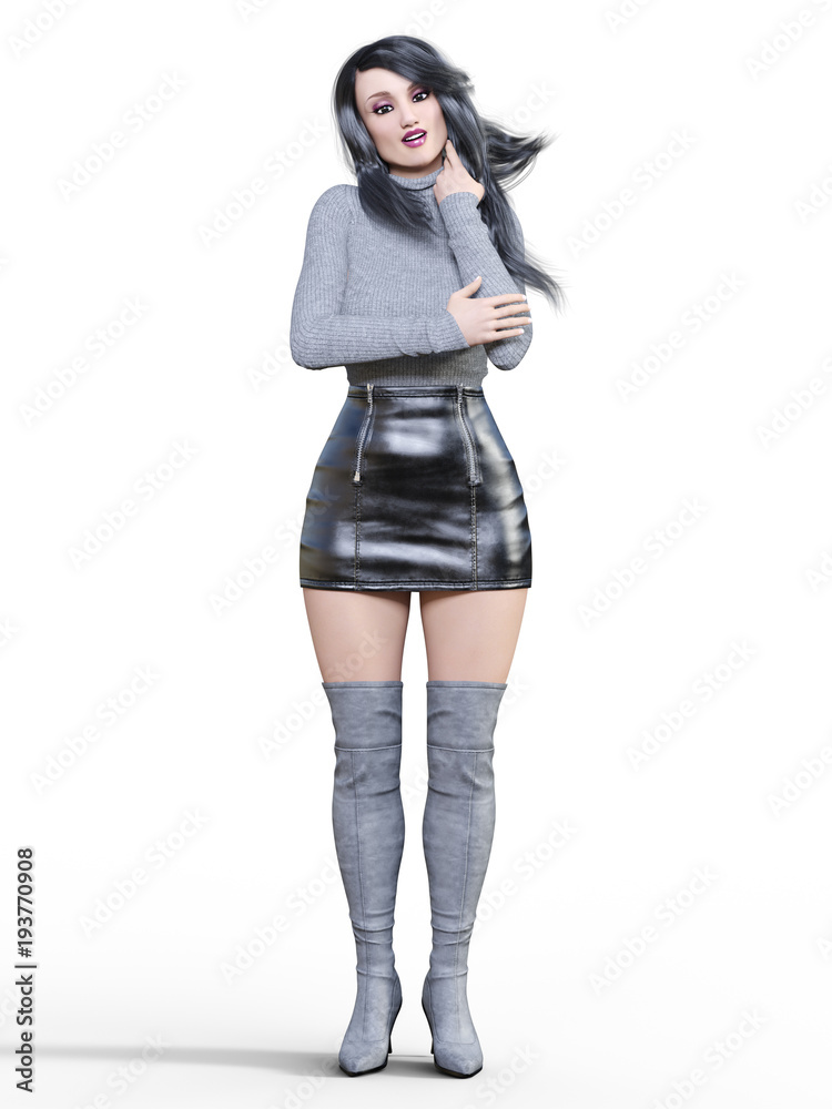 3D beautiful woman in short black leather skirt and long boots.Gray  pullover.Bright makeup.Woman studio photography.High heel.Conceptual  fashion art.Seductive candid pose.Realistic render illustration  Stock-Illustration | Adobe Stock