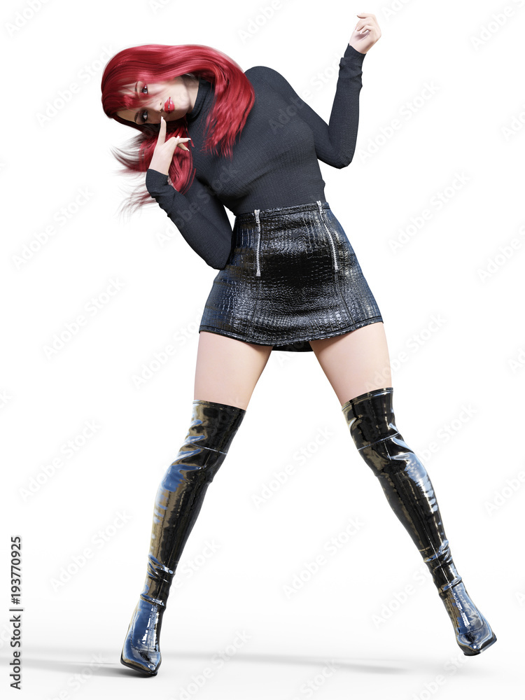 3D beautiful woman in short black leather skirt and long boots.Bright makeup.Woman studio photography.High heel.Conceptual fashion art.Seductive candid pose.Realistic render illustration 3D beautiful woman in short black leather skirt and long boots.Bright makeup.Woman studio photography.High heel.Conceptual fashion art.Seductive candid pose.Realistic render illustration