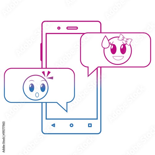 degraded line smartphone with emoji surprised and shame laugh chat