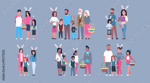 Set Of Families On Happy Easter Holiday Parents And Children Wearing Bunny Ears Flat Vector Illustration