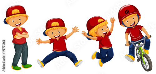 Kids in red shirt in four actions