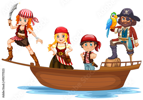 Pirate and crew on wooden ship