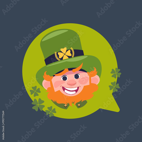 Happy St. Patricks Day Decoration Label With Cute Leprechaun In Green Hat Flat Vector Illustration