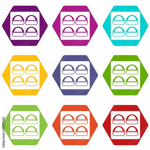 Different sushi icon set color hexahedron