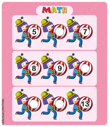 Math worksheet template with clowns and balls