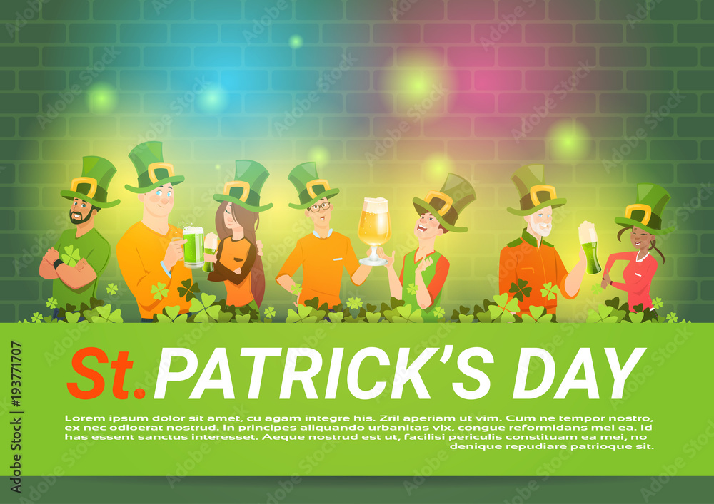 St. Patricks Day Background With Group Of People In Green Hats Drinking beer Celebrating Flat Vector Illustration