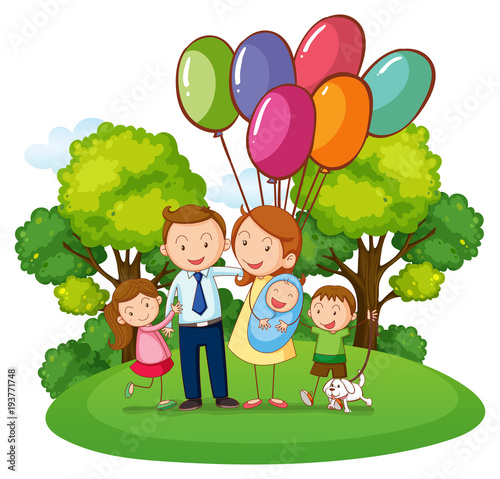 Family with three kids in the park