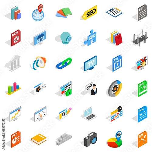 Foreign company icons set, isometric style