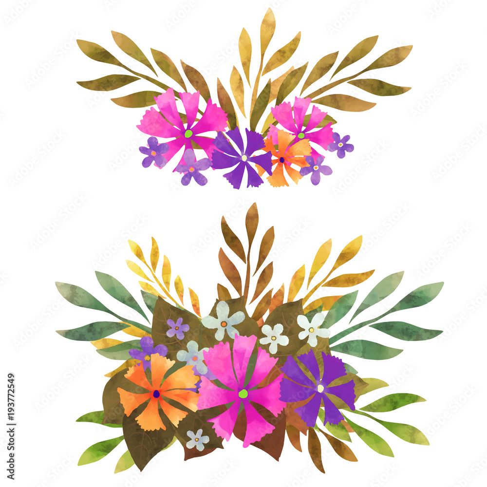 Obraz premium Hand painted watercolor bouquet, flowers, herbs and leaves