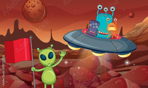 Aliens in UFO flying around the surface of planet