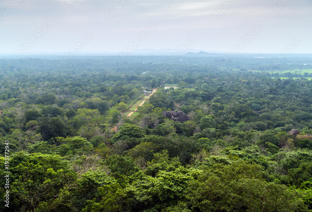 Sigiriya Rock or Sinhagiri aerial panoramic view, which dominates the jungle from all sides, Dambulla in Sri Lanka.