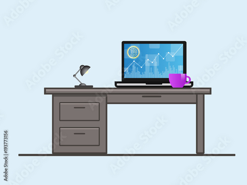 Bitcoin. Laptop with growth diagram on screen. Cryptocurrency and digitally concept. Bitcoin growing value concept. Isolated vector illustration
