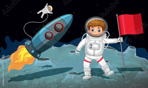 Space theme with astronauts working on the moon photo