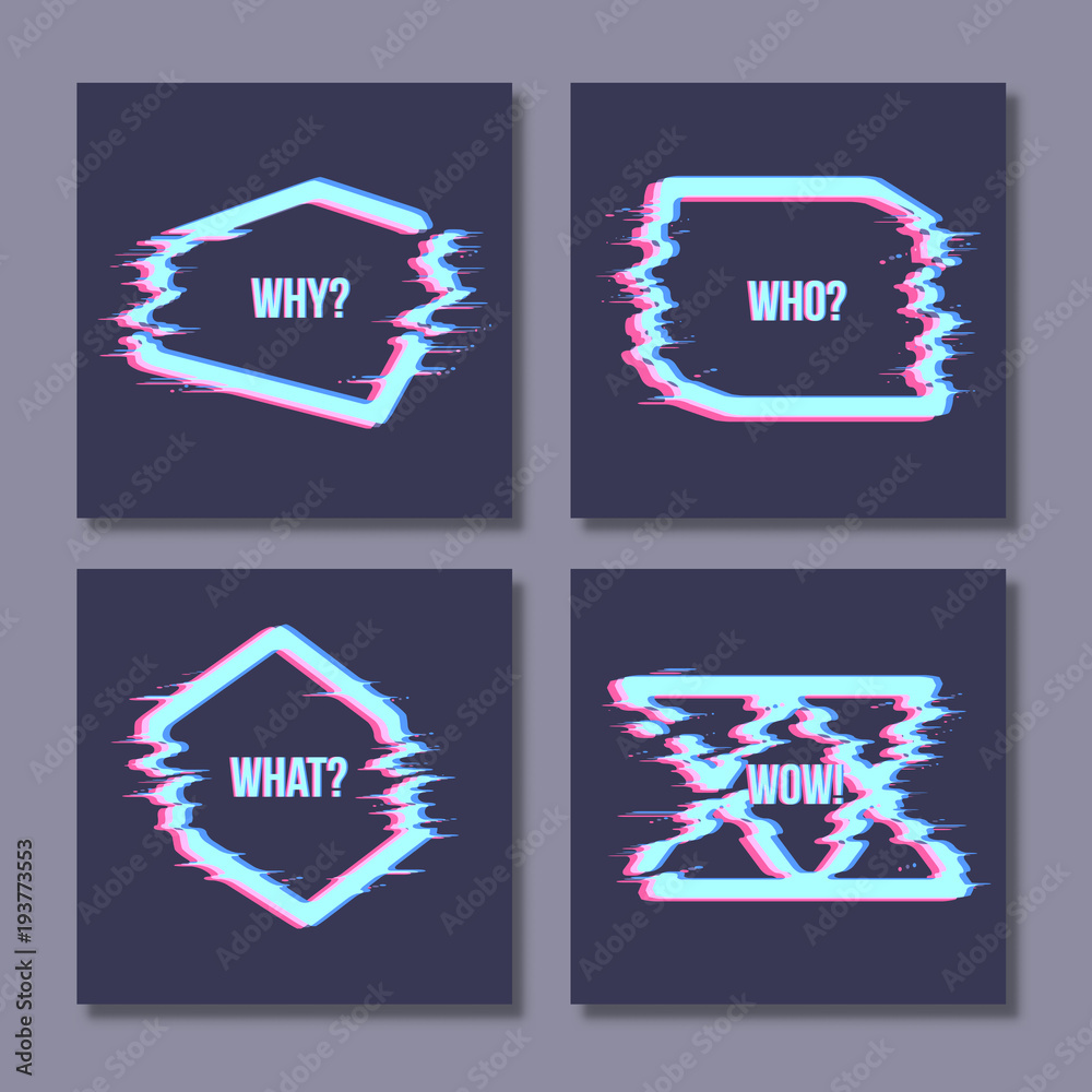 Set of simple geometric form with glitch effect. Frames or border in distorted glitch style. Modern trendy background shapes for design banner, poster, cover, flyer, brochure, card. Vector