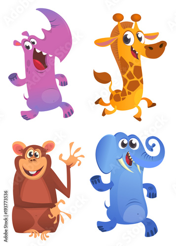 Cartoon animals set. Vector set of animal icons isolated on white. Vector illustration of rhino, giraffe, monkey chimpanzee and elephant