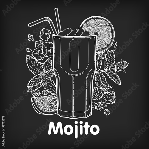 Graphic illustration of a Mojito cocktail and all its ingredients, restaurant or bar menu, classic recipe, lime, mint and rum. Drawing chalk on a Board, the scheme