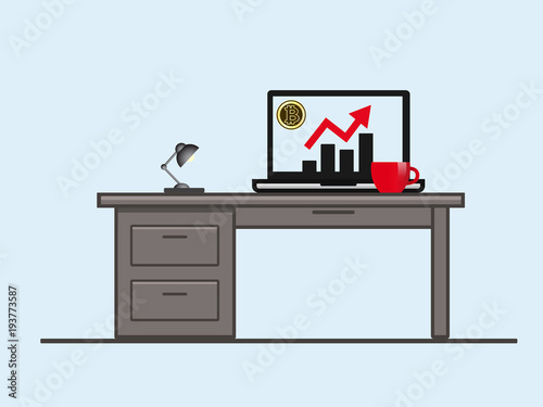 Bitcoin. Laptop with growth diagram on screen. Cryptocurrency and digitally concept. Bitcoin growing value concept. Isolated vector illustration