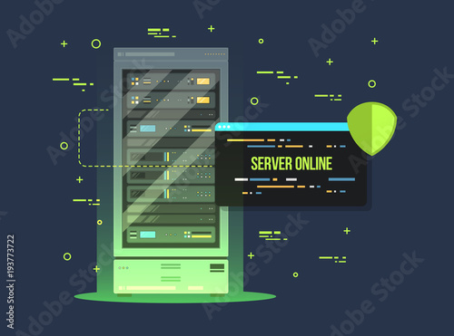 Data center and server room. Data storage and exchange service flat illustration. Cloud service equipment with control panel.