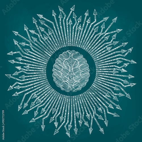 A sketch of the human brain and arrows directed from it in different directions. Drawing on blue background, sketch with chalk on a blackboard, vector illustration