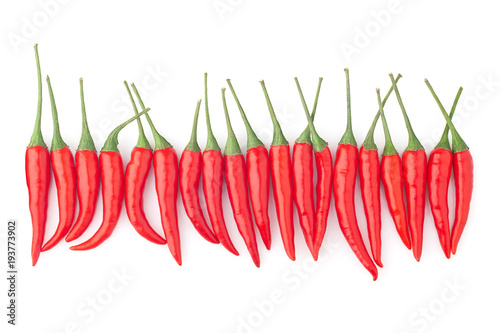 Fresh raw red hot chilli peppers on white background, isolated, full depth of field
