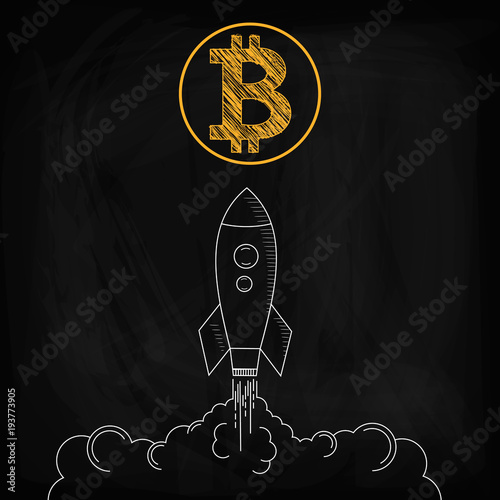The rocket takes off, above the rocket, the bitcoin icon. Growth bitcoin.Drawing chalk on a blackboard.