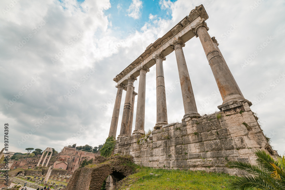 Ruins of the Temple of Saturn at Roman Forum in Rome, Italy