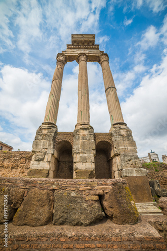 Ruins of the Temple of Castor and Pollux at Roman Forum in Rome, Italy.