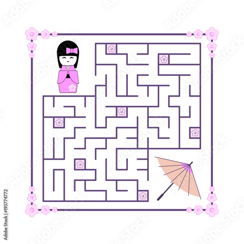 Maze for children. Japanese Kokeshi doll and umbrella on a white background. Help the girl find the way to the umbrella in the maze. Vector flat illustration