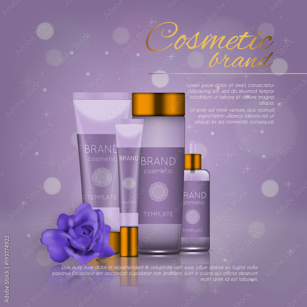 Vector 3D cosmetic illustration with rose and bokeh background. Beauty realistic cosmetic product design template.