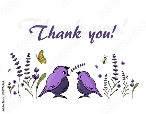 Vector thank you cards. With lavender flowers and cute birds on white background.
