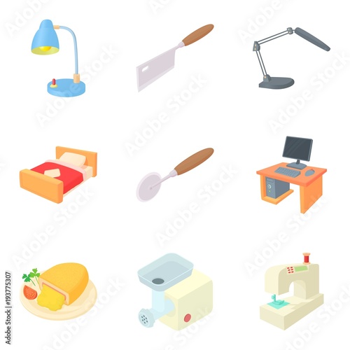 Residential quarter icons set, cartoon style