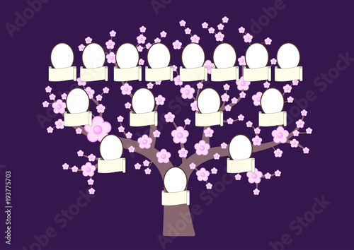 Family tree and nameplate. Pink japanese cherry. Spring flowering tree. Vector illustration
