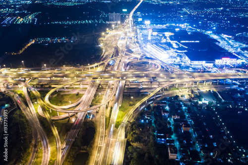 Fototapeta Naklejka Na Ścianę i Meble -  Night traffic aerial view vehicle light movement junction