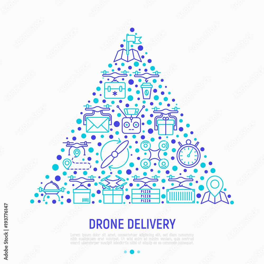 Drone delivery concept in triangle with thin line icons: quadcopter, flying drone with package, remote control, front and side view. Vector illustration of innovative transport for banner, print media Drone delivery concept in triangle with thin line icons: quadcopter, flying drone with package, remote control, front and side view. Vector illustration of innovative transport for banner, print media