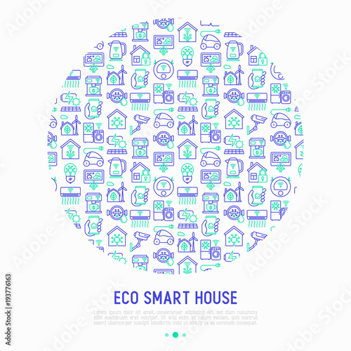 Eco smart house concept in circle with thin line icons: solar battery, security, light settings, appliances, artificial intelligence, mobile app control. Energy saving vector illustration.
